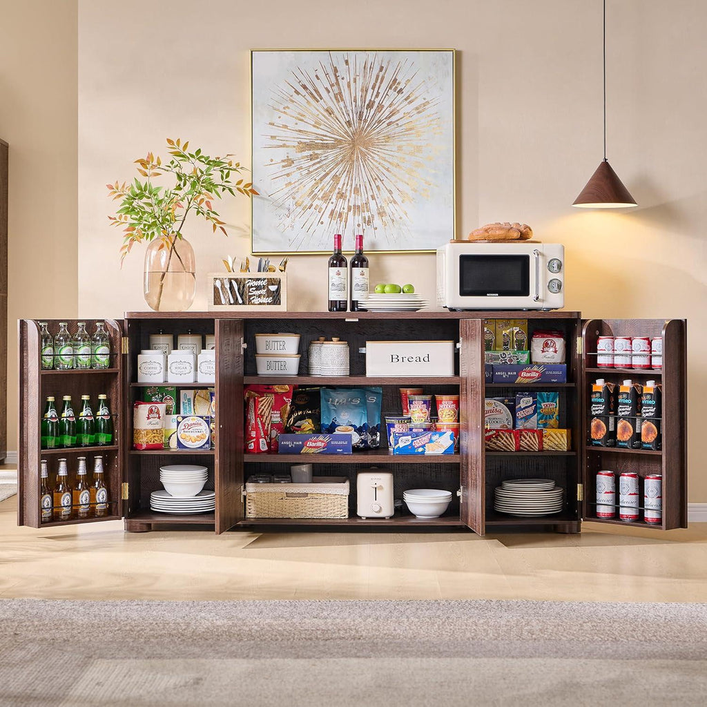 Modern Dark Wood Buffet Cabinet, Curved Edge, 4 Doors, Golden Handles, Sideboard Storage