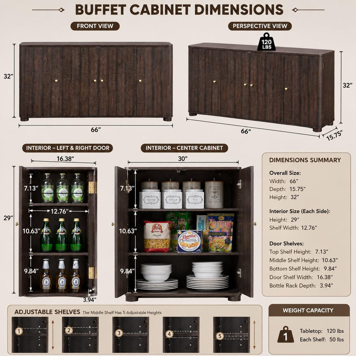 Modern Dark Wood Buffet Cabinet, Curved Edge, 4 Doors, Golden Handles, Sideboard Storage