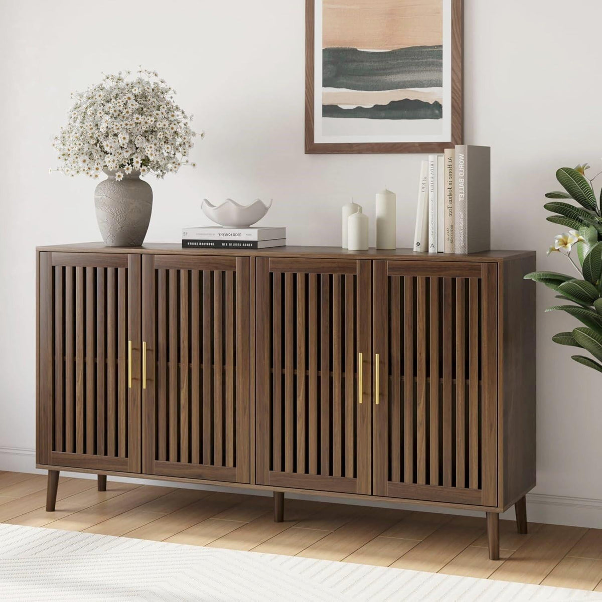 63" Farmhouse Sideboard Cabinet with Slatted Doors and Gold Handles