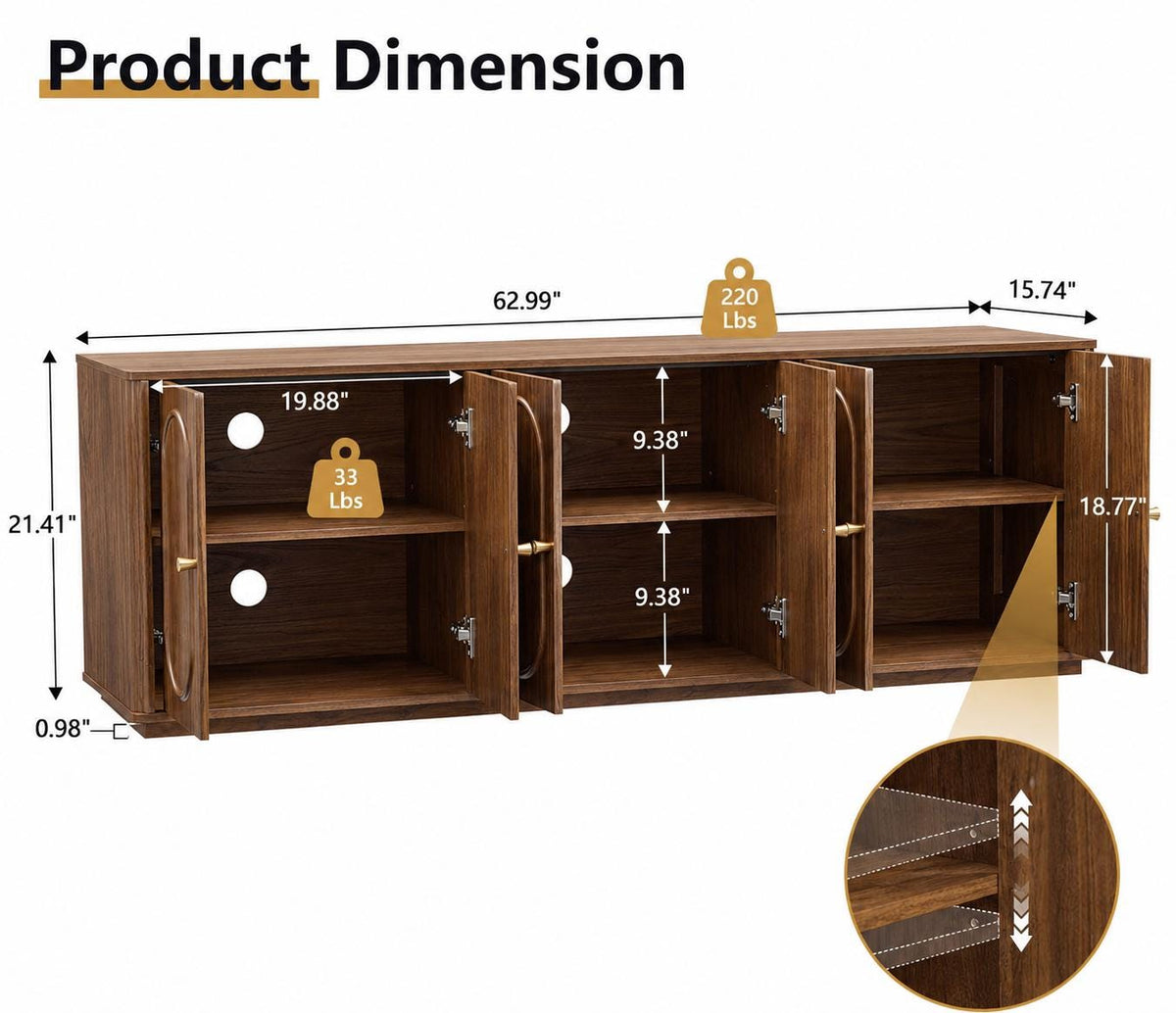 63'' Fluted Sideboard Buffet Cabinet, Modern Walnut Credenza Console Table with 6 Doors & Storage for Dining Room, Living Room Entryway