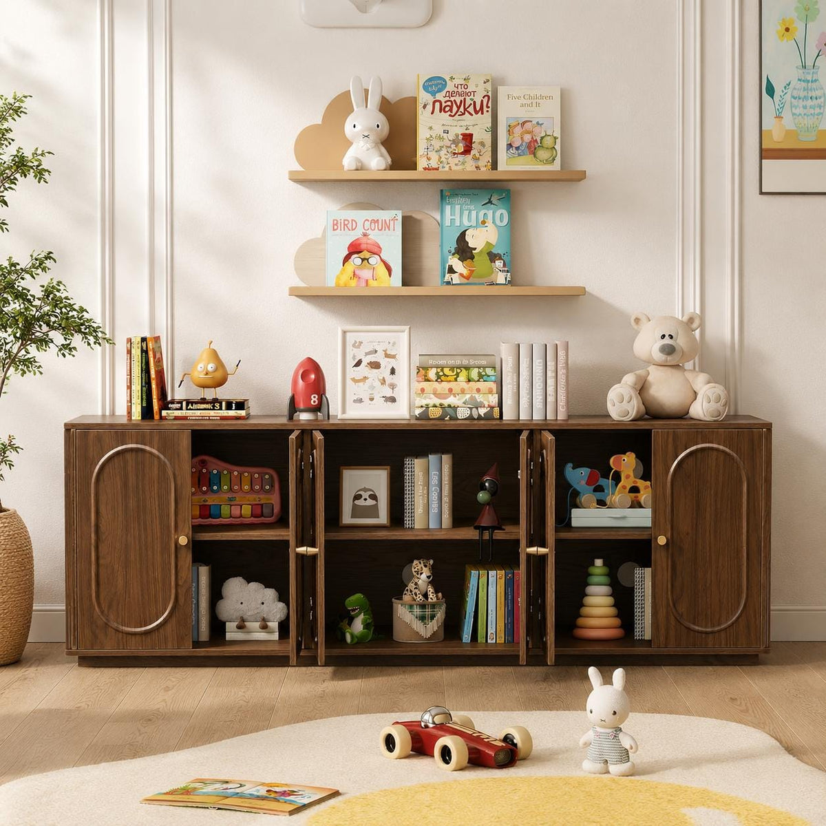 63'' Fluted Sideboard Buffet Cabinet, Modern Walnut Credenza Console Table with 6 Doors & Storage for Dining Room, Living Room Entryway