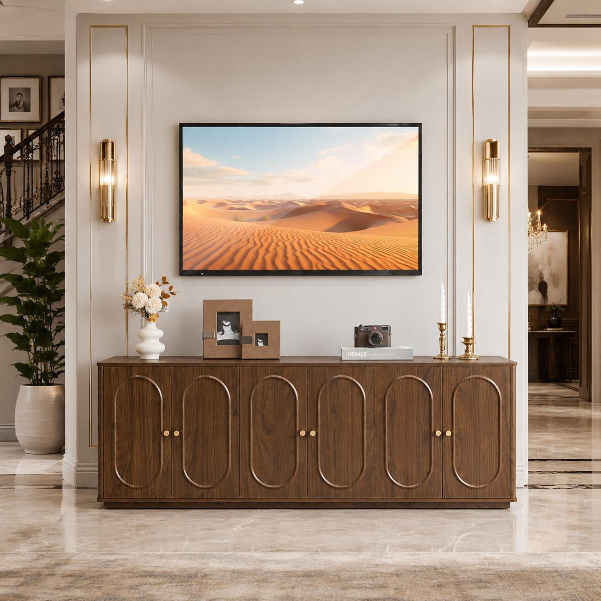 63'' Fluted Sideboard Buffet Cabinet, Modern Walnut Credenza Console Table with 6 Doors & Storage for Dining Room, Living Room Entryway