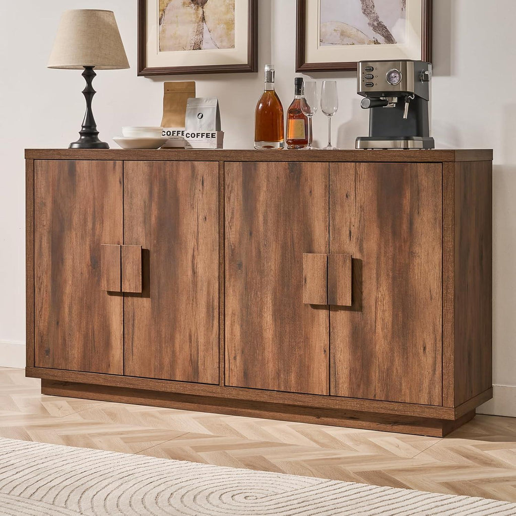 63" Farmhouse Buffet Cabinet, 4-Door Storage Credenza, Wood Coffee Bar Console