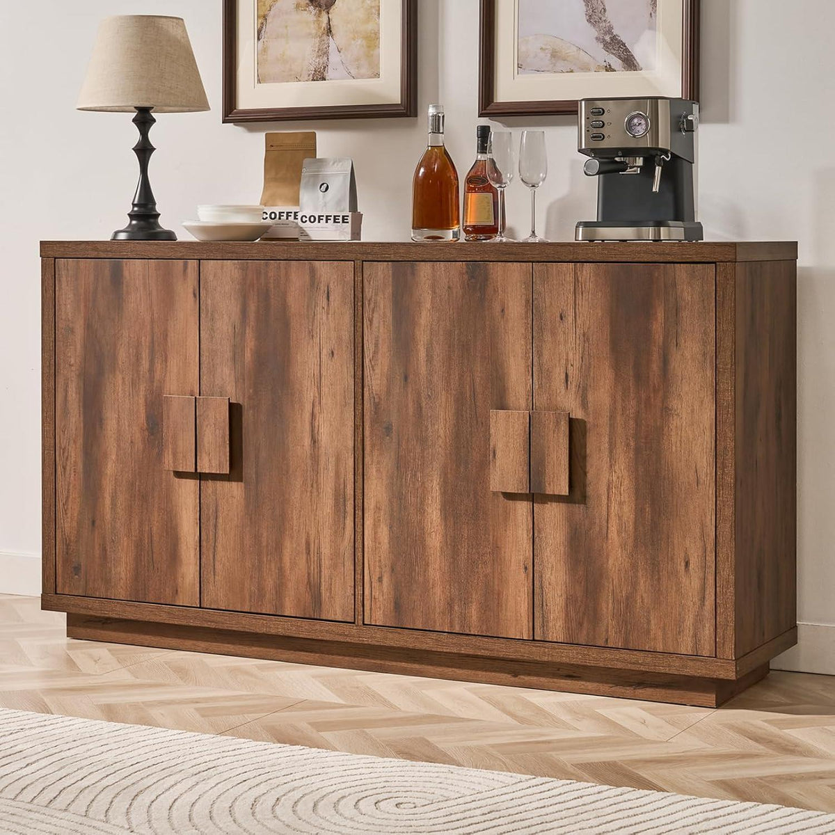 63" Farmhouse Buffet Cabinet, 4-Door Storage Credenza, Wood Coffee Bar Console