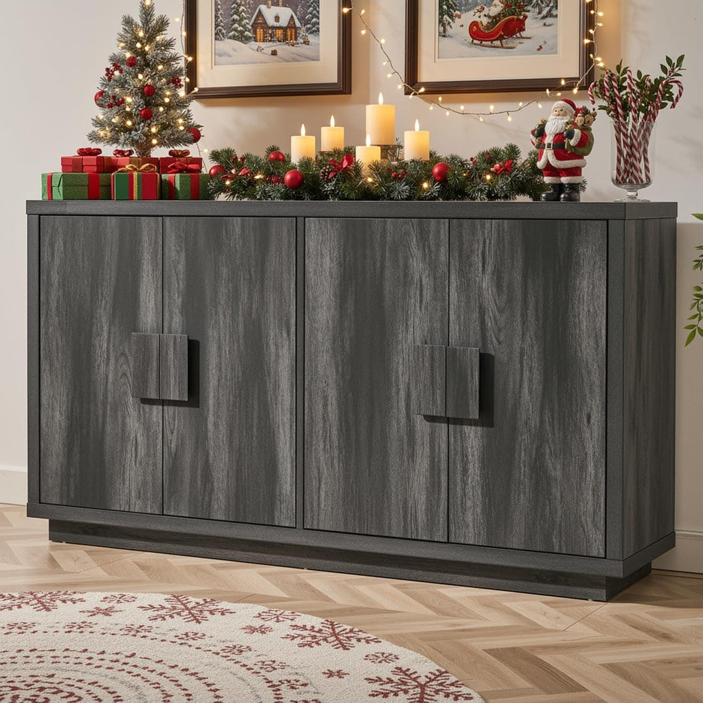 63" Farmhouse Buffet Cabinet, 4-Door Storage Credenza, Wood Coffee Bar Console