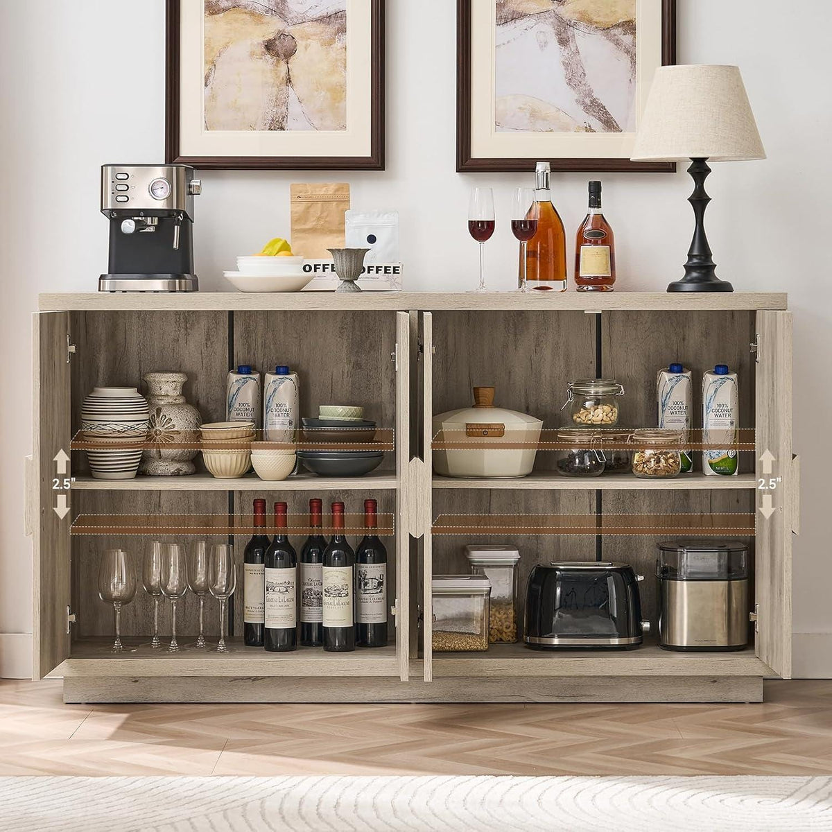 63" Farmhouse Buffet Cabinet, 4-Door Storage Credenza, Wood Coffee Bar Console