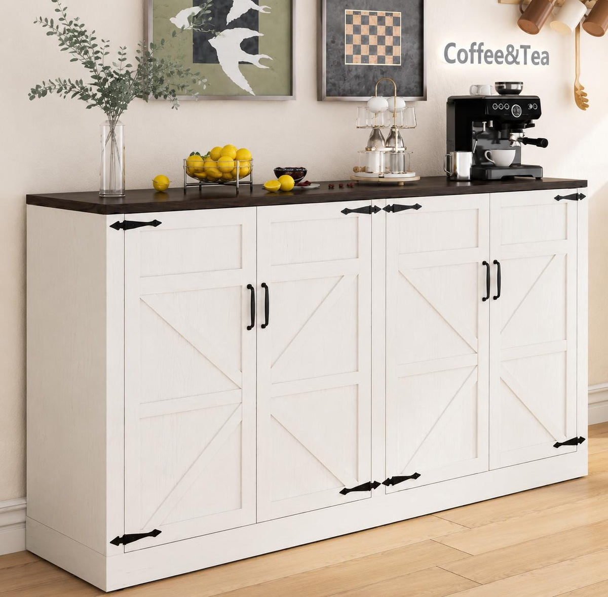 Farmhouse Sideboard Cabinet, Rustic Buffet Console Table, 65-Inch Storage Furniture
