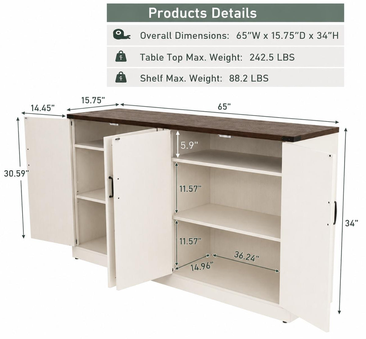 Farmhouse Sideboard Cabinet, Rustic Buffet Console Table, 65-Inch Storage Furniture