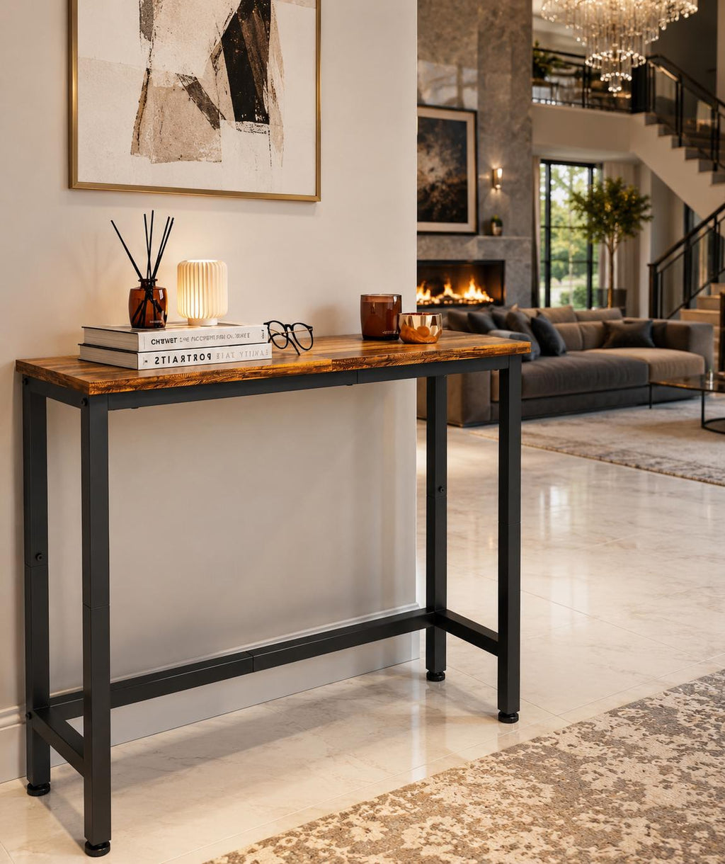 Rustic Narrow Console Table for Entryway, Industrial Sofa Table Behind Couch, Slim Hallway Accent Table with Metal Frame,