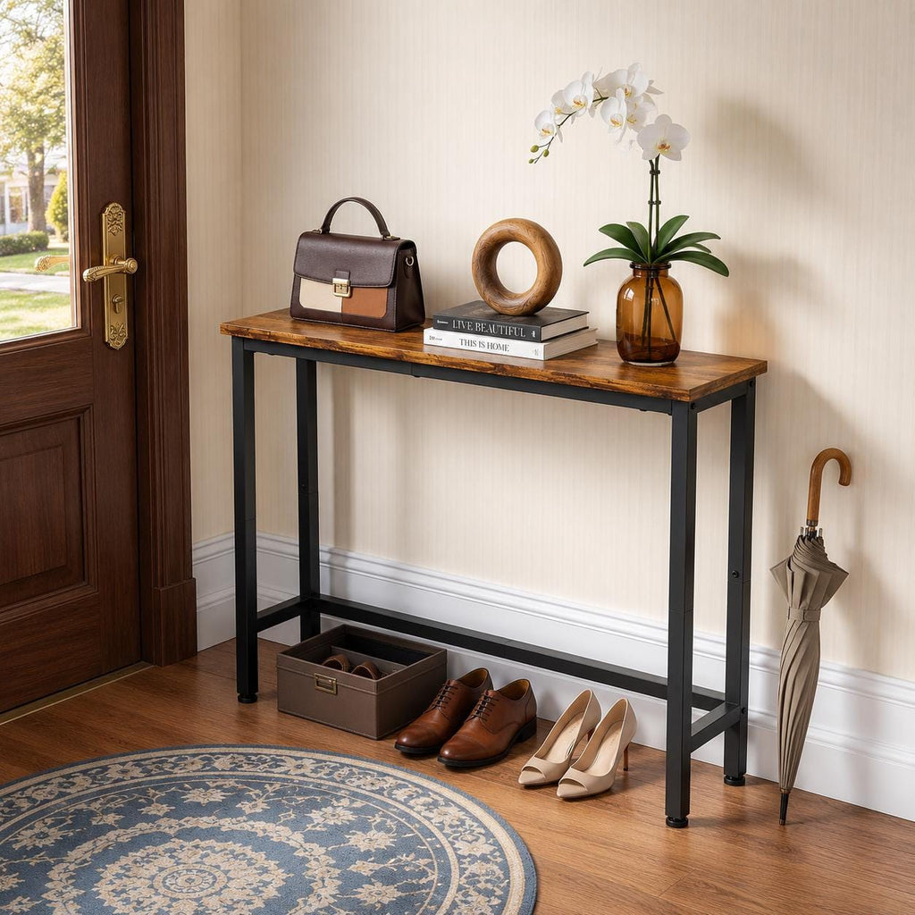 Rustic Narrow Console Table for Entryway, Industrial Sofa Table Behind Couch, Slim Hallway Accent Table with Metal Frame,