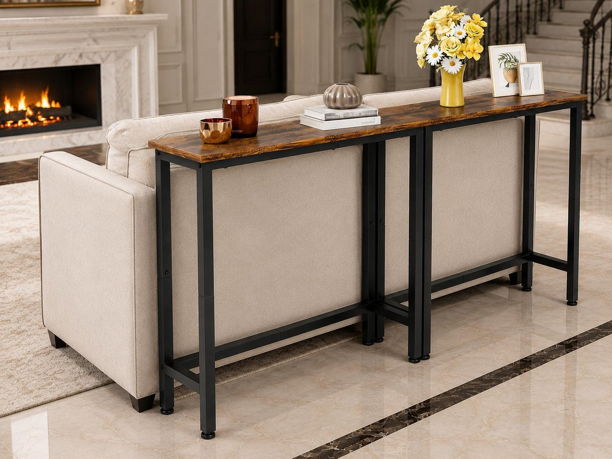 Rustic Narrow Console Table Set, Industrial Wood-Look Sofa Tables, Space Saving Accent Furniture