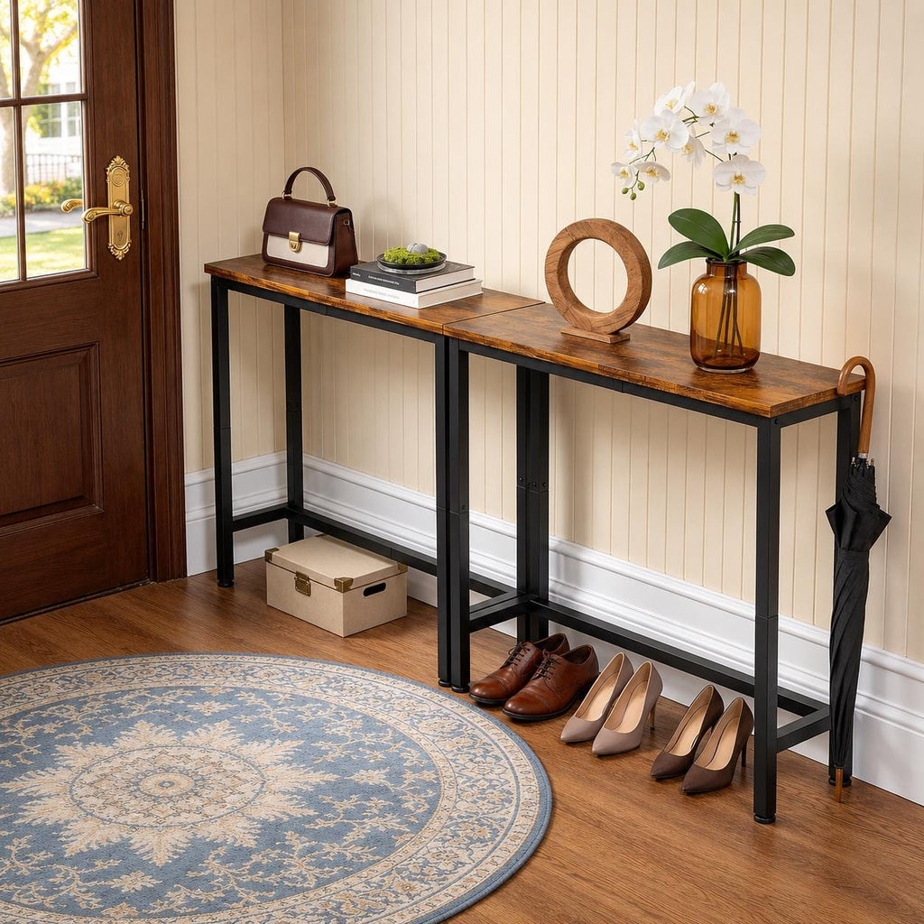 Rustic Narrow Console Table Set, Industrial Wood-Look Sofa Tables, Space Saving Accent Furniture
