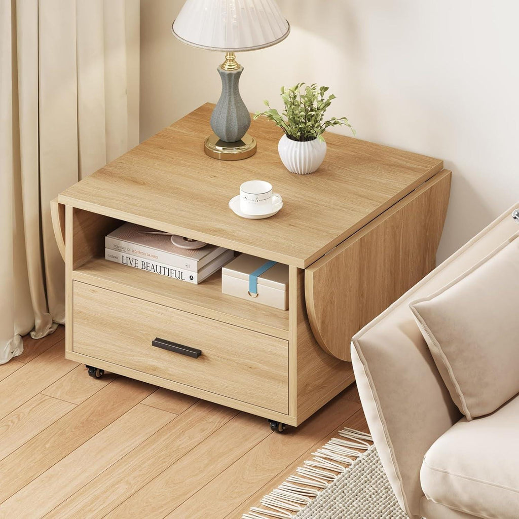 Walnut Oval Lift Top Coffee Table with Drawer and Wheels
