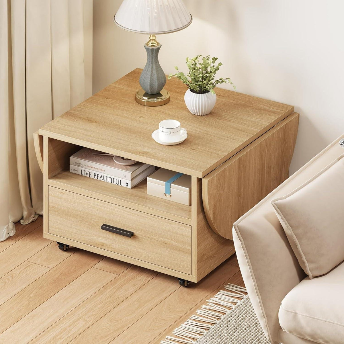 Walnut Oval Lift Top Coffee Table with Drawer and Wheels