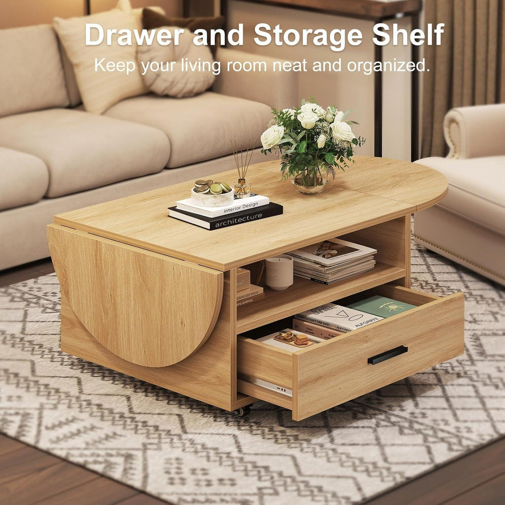 Walnut Oval Lift Top Coffee Table with Drawer and Wheels