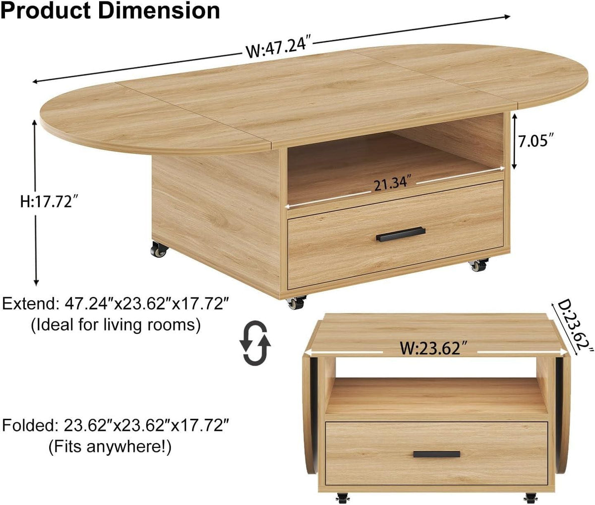 Walnut Oval Lift Top Coffee Table with Drawer and Wheels