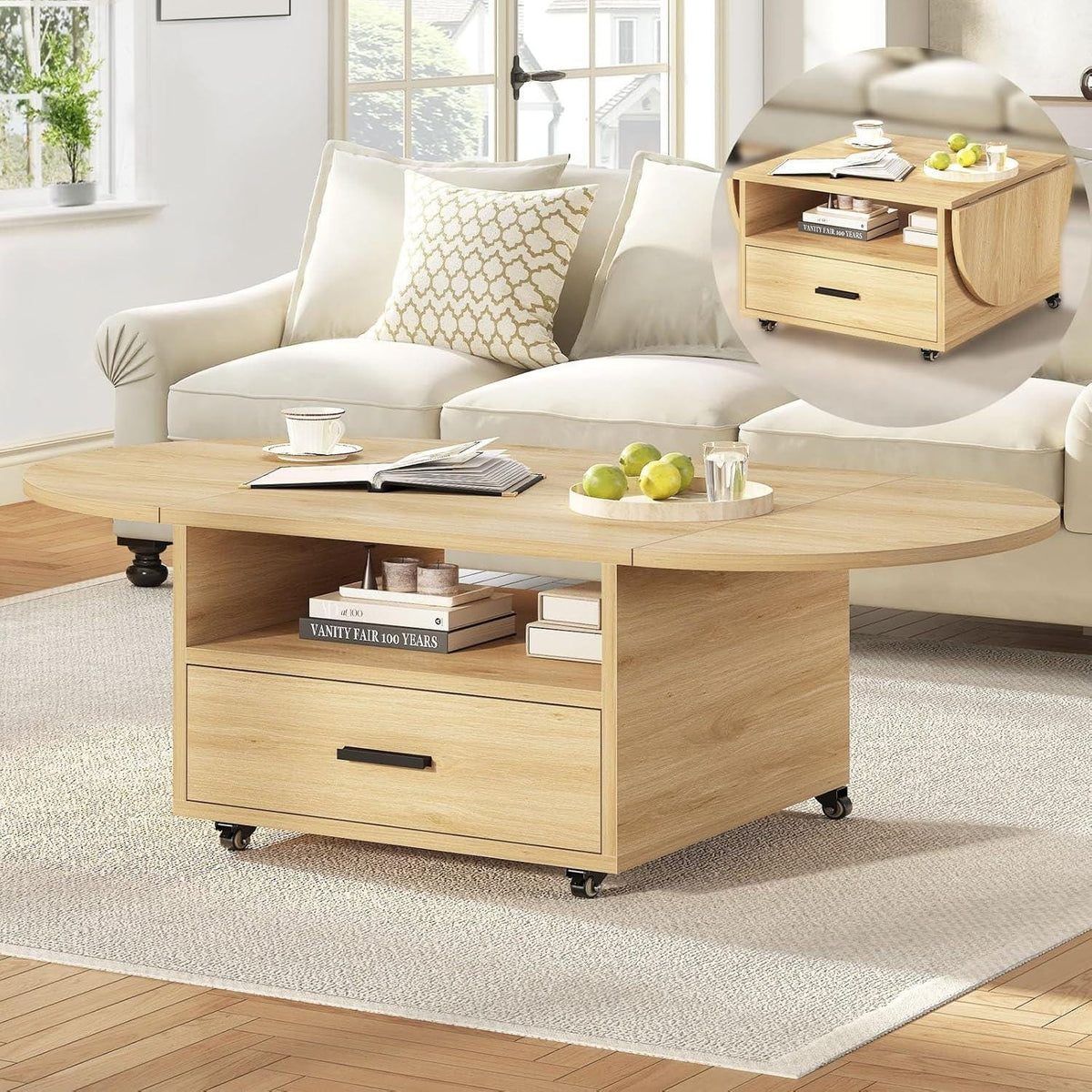 Walnut Oval Lift Top Coffee Table with Drawer and Wheels
