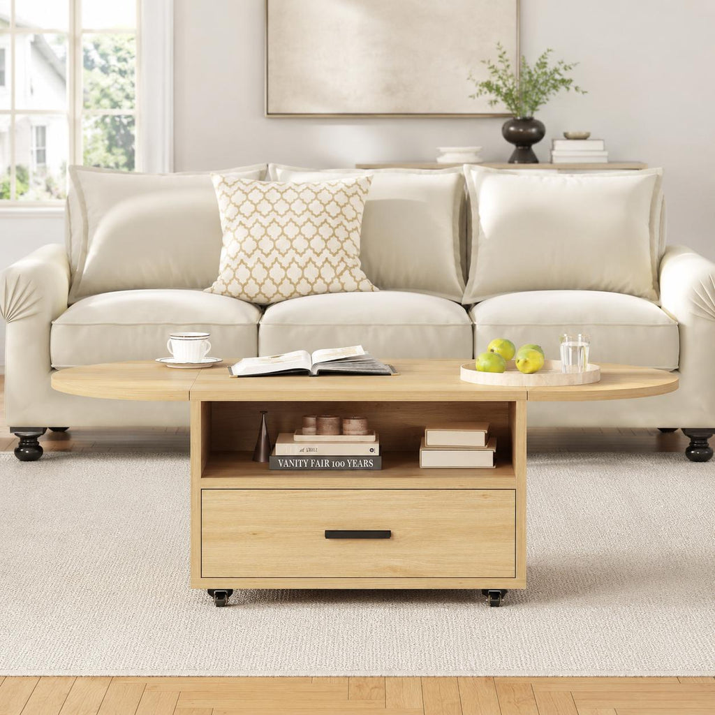 Walnut Oval Lift Top Coffee Table with Drawer and Wheels