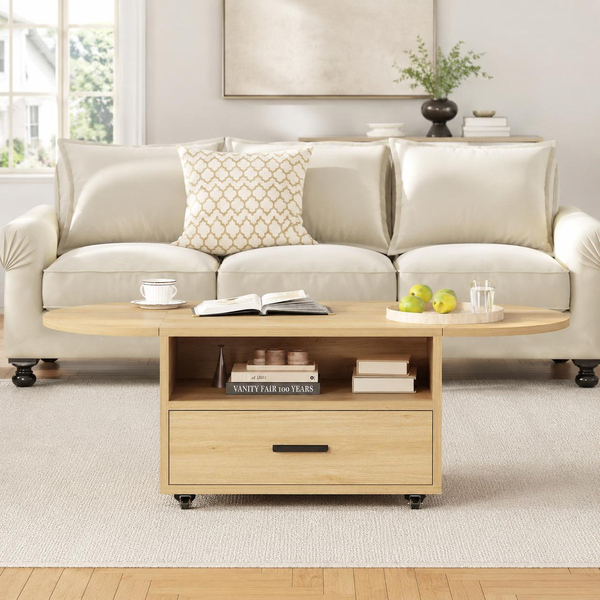 Walnut Oval Lift Top Coffee Table with Drawer and Wheels