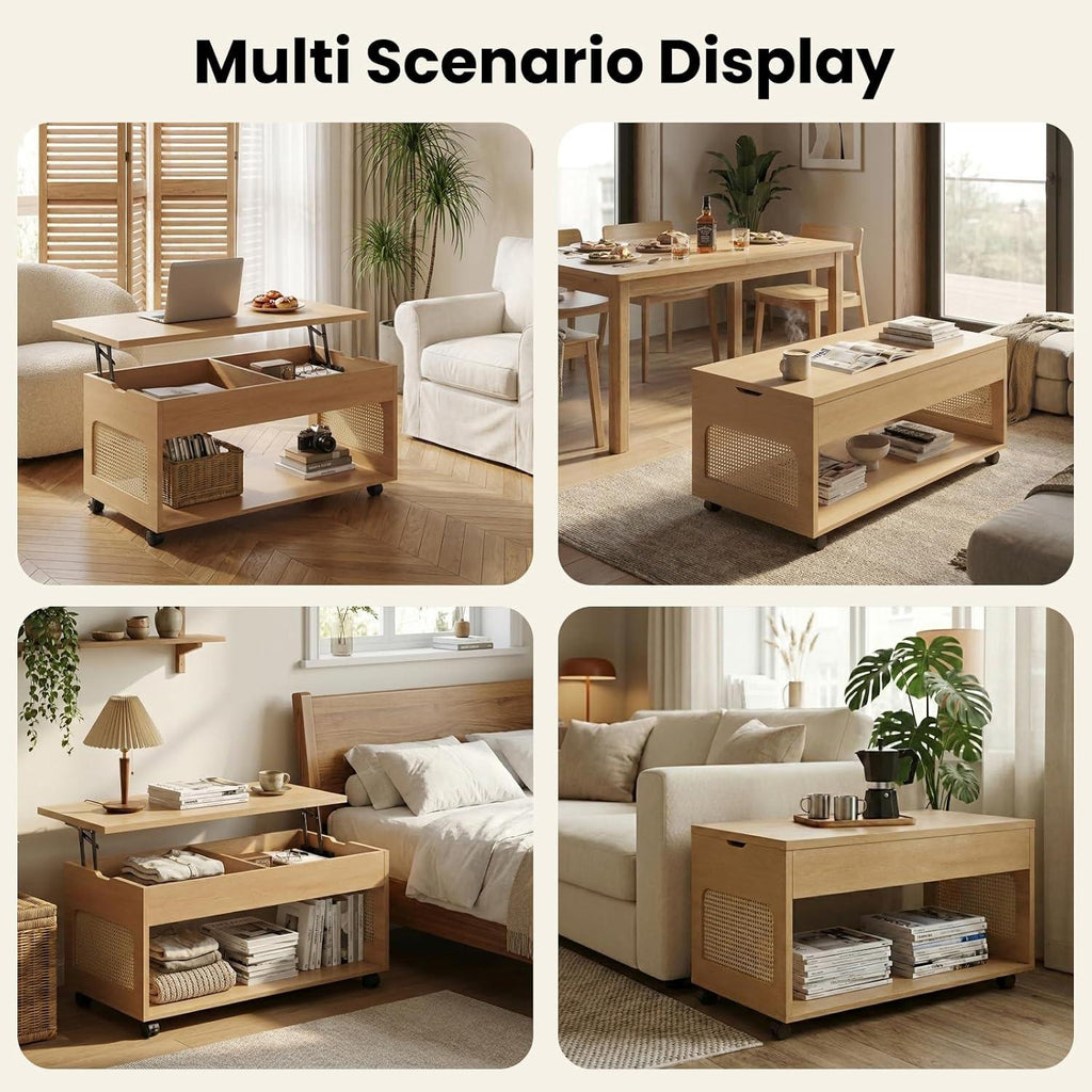 Lift Top Coffee Table with Rattan Storage, Hidden Compartment, Wheels