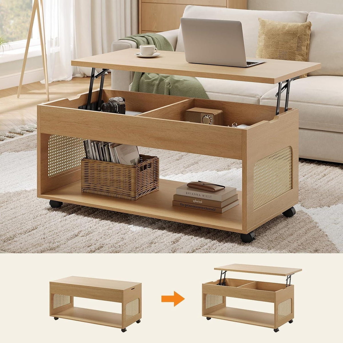 Lift Top Coffee Table with Rattan Storage, Hidden Compartment, Wheels