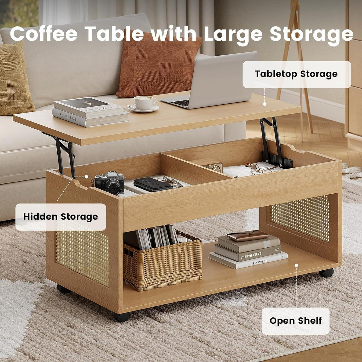 Lift Top Coffee Table with Rattan Storage, Hidden Compartment, Wheels