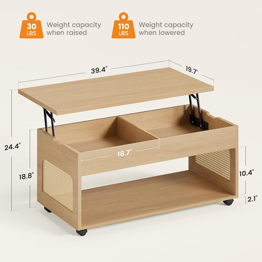 Lift Top Coffee Table with Rattan Storage, Hidden Compartment, Wheels