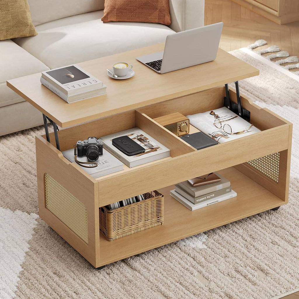 Lift Top Coffee Table with Rattan Storage, Hidden Compartment, Wheels