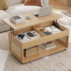 Lift Top Coffee Table with Rattan Storage, Hidden Compartment, Wheels