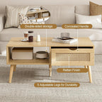 Rattan Coffee Table with Storage, Boho Wood Legs, Living Room Center Table