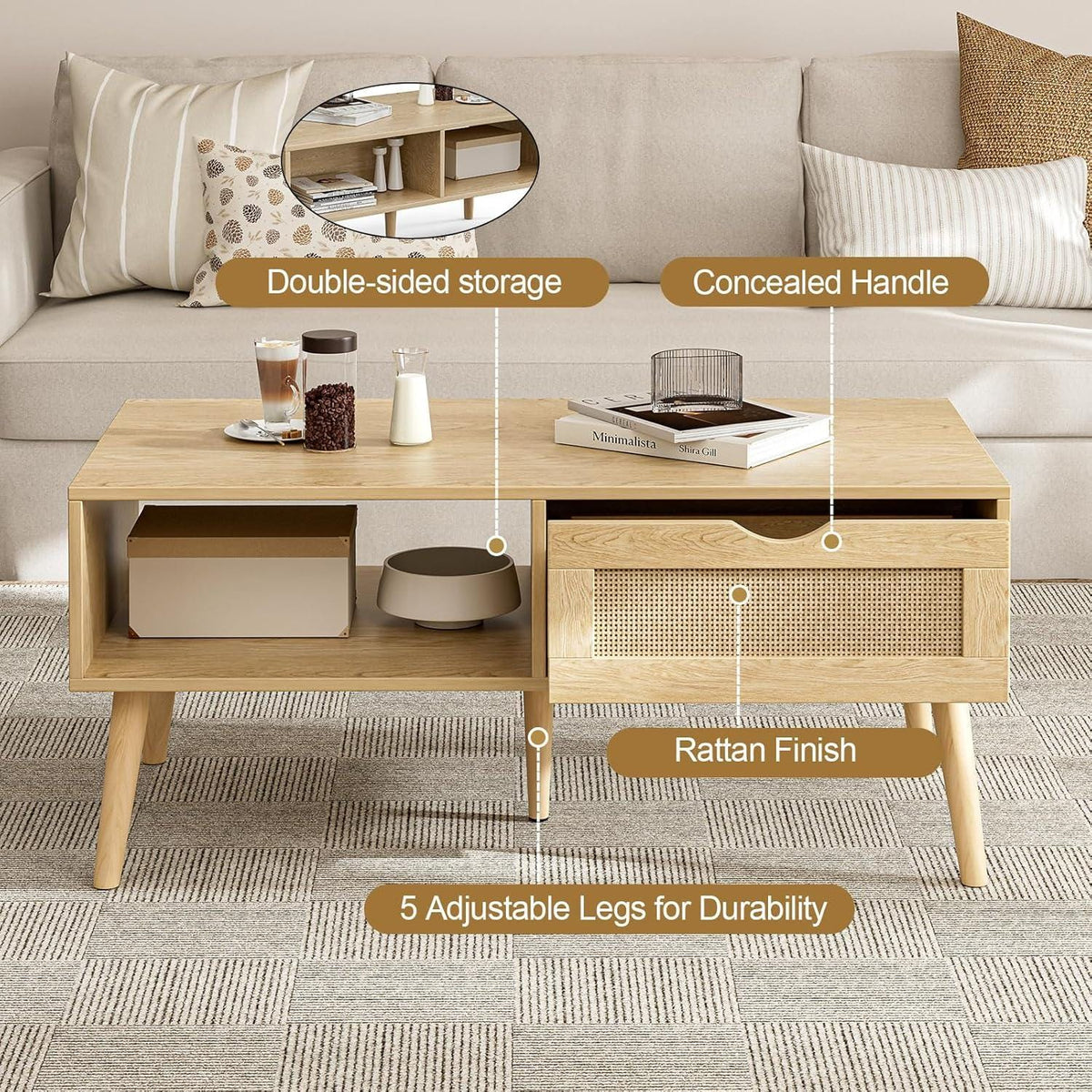 Rattan Coffee Table with Storage, Boho Wood Legs, Living Room Center Table