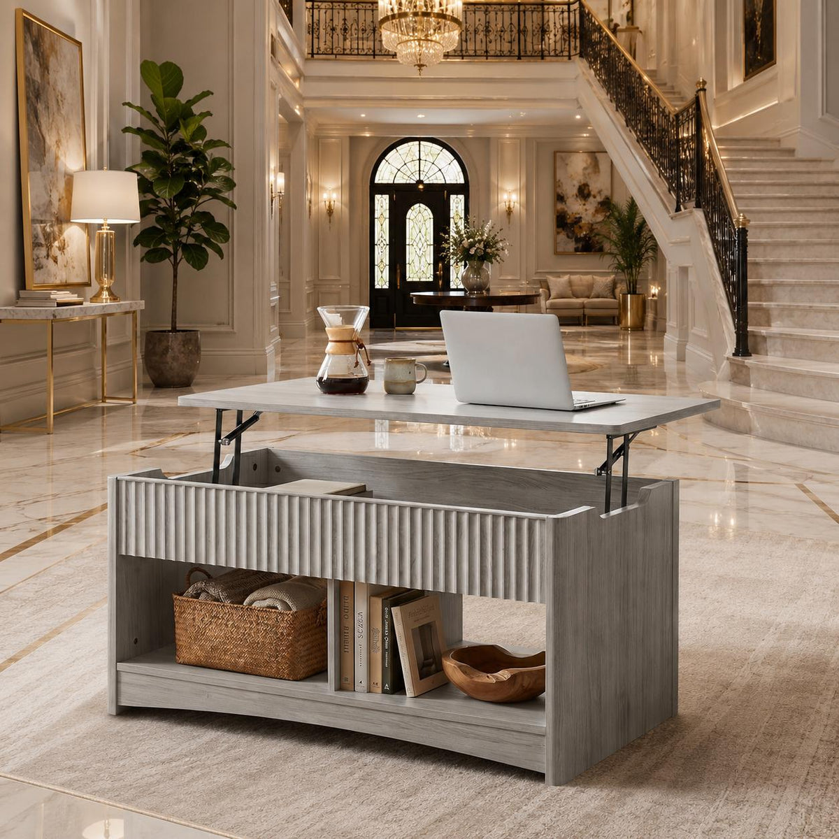 Lift-Top Coffee Table with Hidden Storage & Ottoman Bench, Modern Wood Coffee Table for Living Room