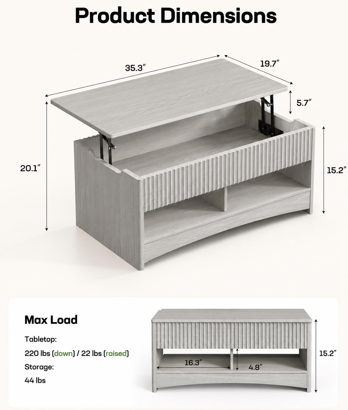Lift-Top Coffee Table with Hidden Storage & Ottoman Bench, Modern Wood Coffee Table for Living Room