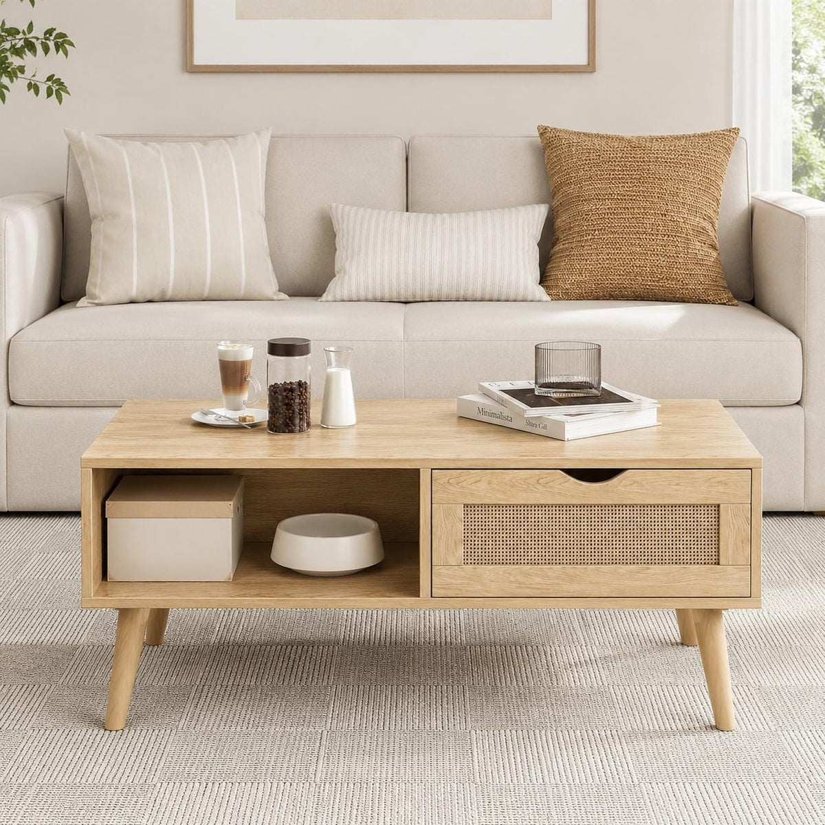 Rattan Coffee Table with Storage, Boho Wood Legs, Living Room Center Table