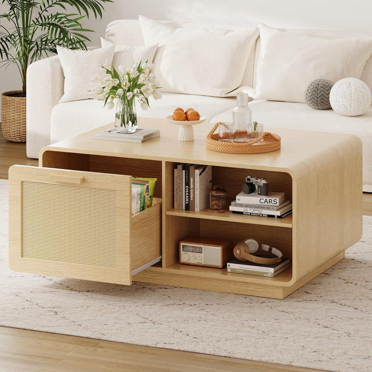 Modern Rattan Coffee Table with Storage Drawers, Adjustable Shelves
