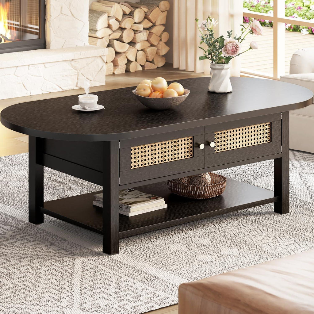 Oval Rattan Coffee Table with Storage, Modern Farmhouse Wood Center Table