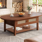 Oval Rattan Coffee Table with Storage, Modern Farmhouse Wood Center Table