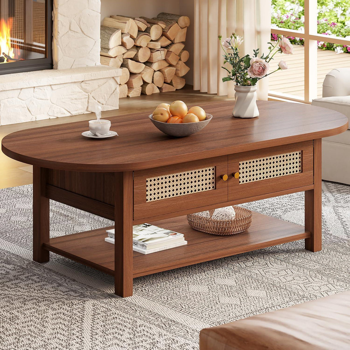 Oval Rattan Coffee Table with Storage, Modern Farmhouse Wood Center Table