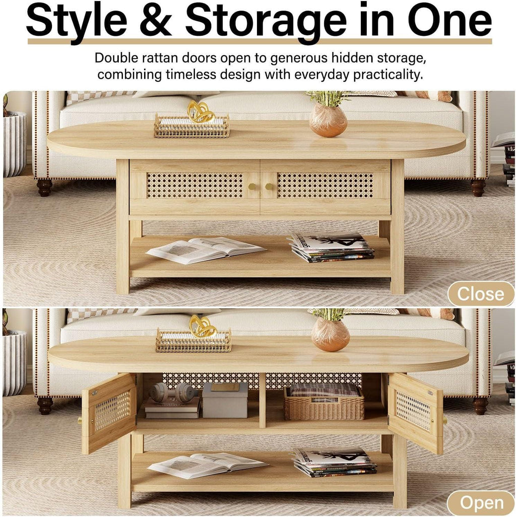 Oval Rattan Coffee Table with Storage, Modern Farmhouse Wood Center Table