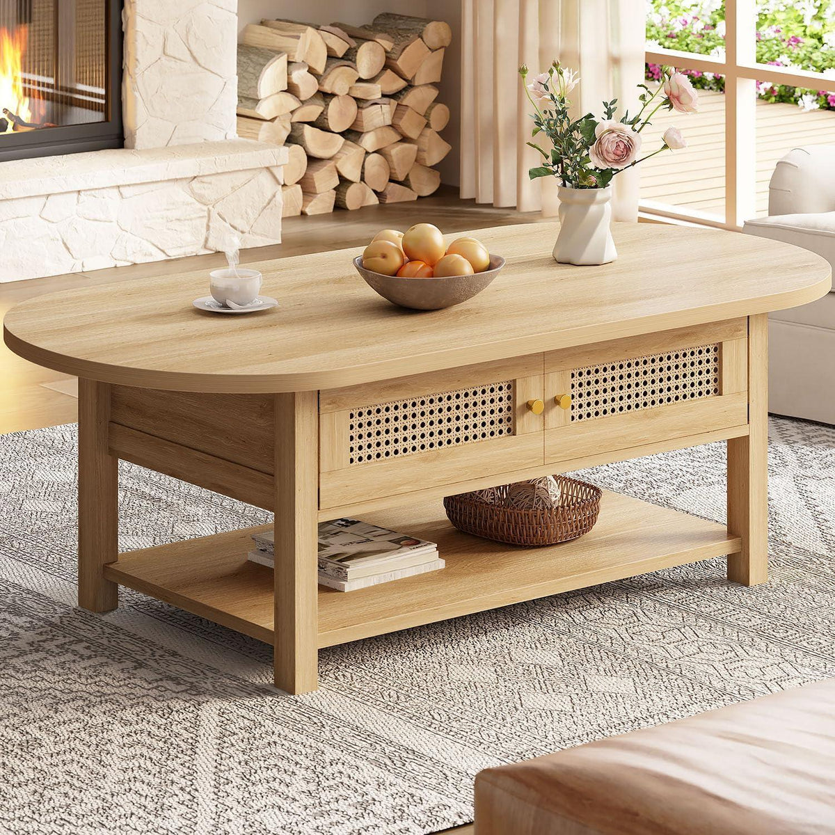 Oval Rattan Coffee Table with Storage, Modern Farmhouse Wood Center Table