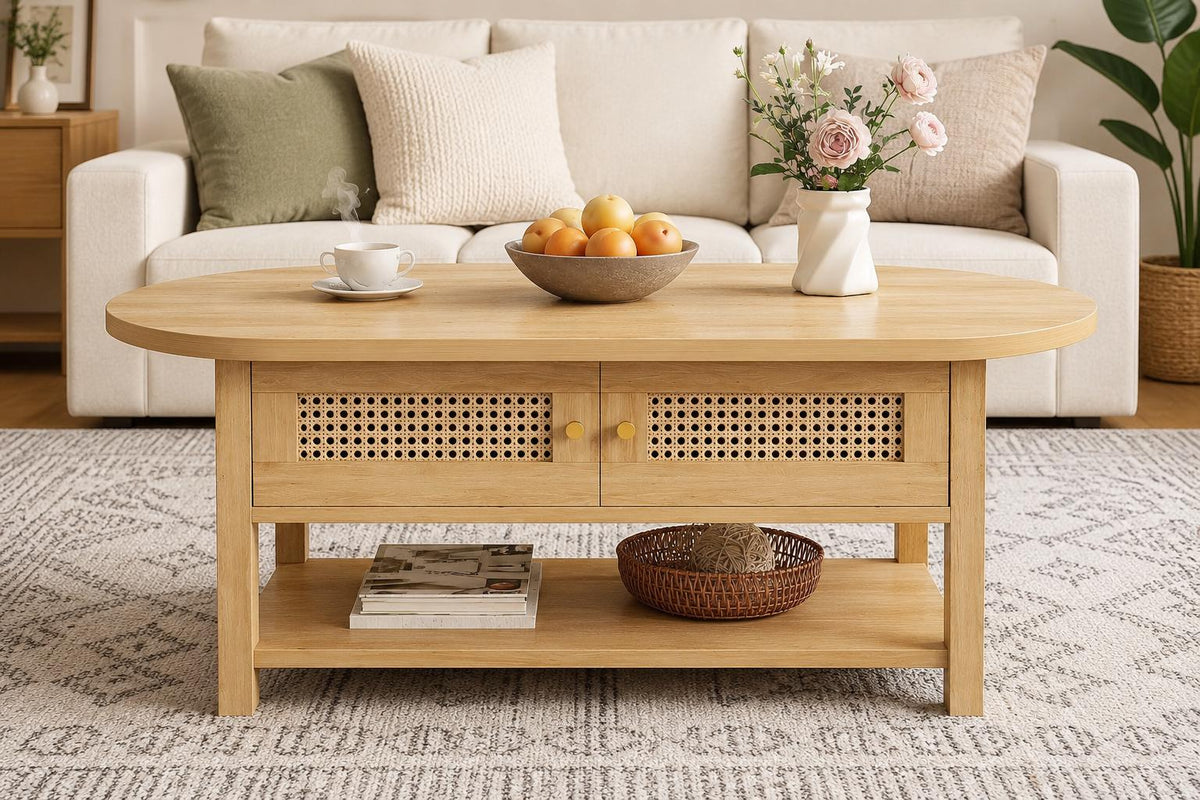 Oval Rattan Coffee Table with Storage, Modern Farmhouse Wood Center Table