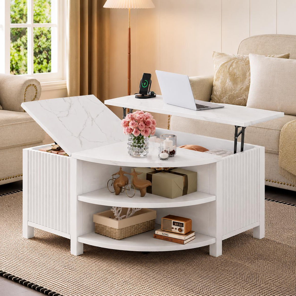 Walnut Lift-Top Coffee Table with Charging Station & Hidden Storage