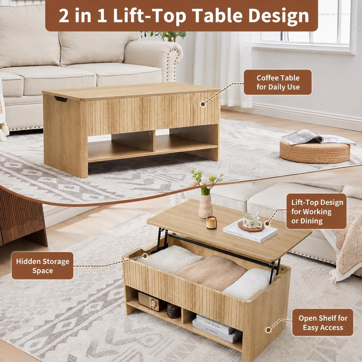 Mid-Century Modern Lift-Top Coffee Table with Storage