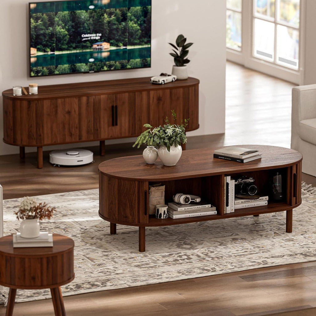 Modern Oval Coffee Table with Storage Cabinets, Light Oak Wood Center Table