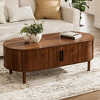Modern Oval Coffee Table with Storage Cabinets, Light Oak Wood Center Table