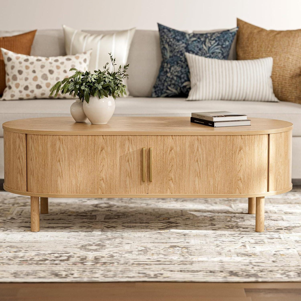 Modern Oval Coffee Table with Storage Cabinets, Light Oak Wood Center Table