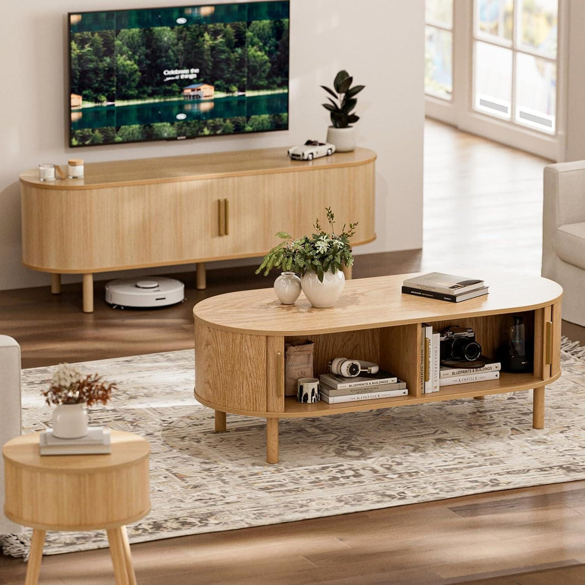 Modern Oval Coffee Table with Storage Cabinets, Light Oak Wood Center Table