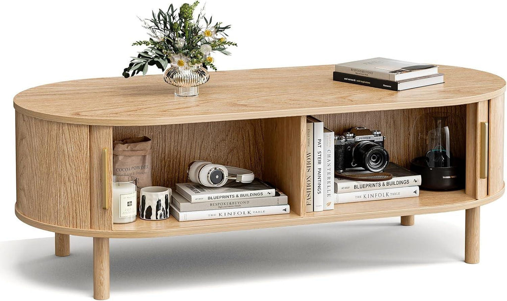 Modern Oval Coffee Table with Storage Cabinets, Light Oak Wood Center Table