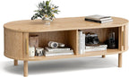 Modern Oval Coffee Table with Storage Cabinets, Light Oak Wood Center Table