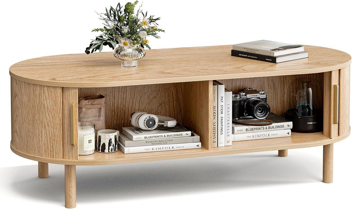 Modern Oval Coffee Table with Storage Cabinets, Light Oak Wood Center Table
